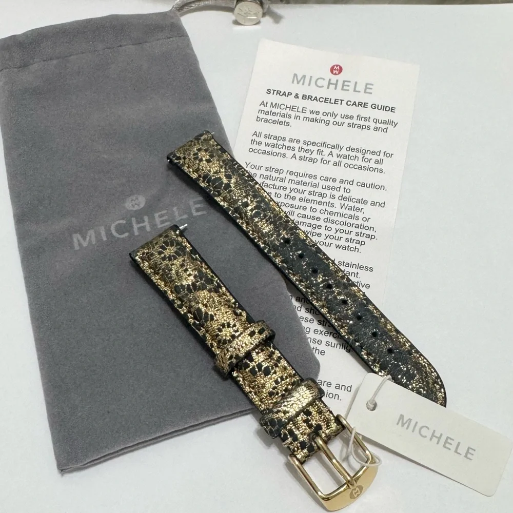 NEW wTags Michele 16MM Black Leather Gold Lace Watch Band